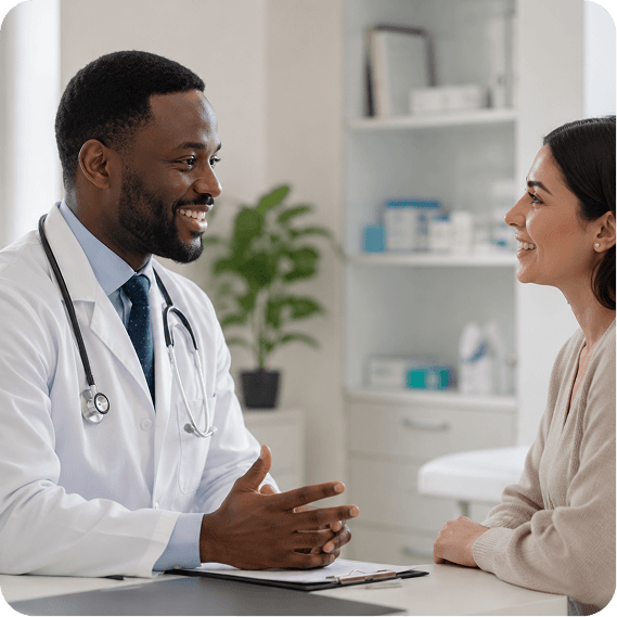 Dr. Oduntan consulting with patient